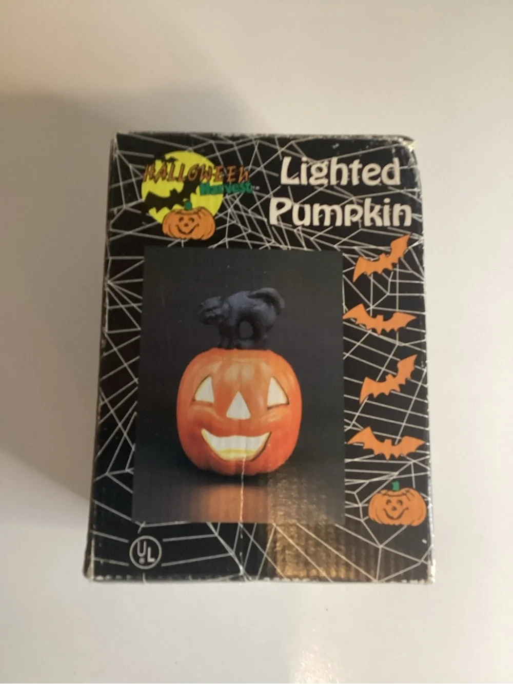 Vintage Black Cat Ceramic Halloween Light-Up Pumpkin Jack-O'-Lantern W/ Box